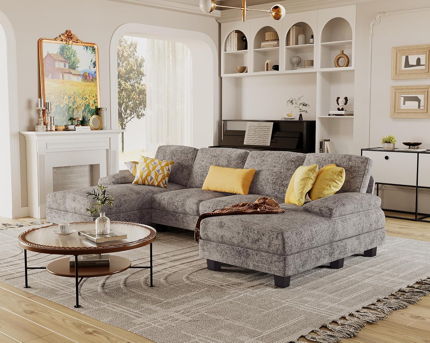 Furmax U-Shaped Sectional Sofa Couch 4 Seat Linen Fabric Double Chaise