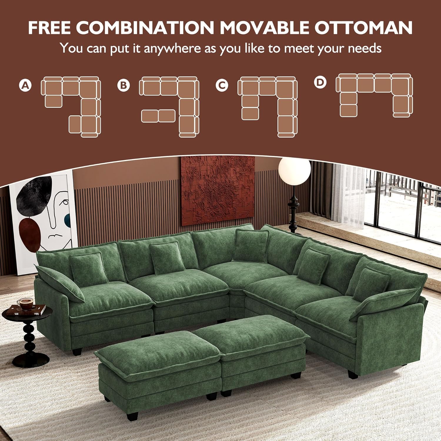 Ihanherry U Shaped Modular Cloud Sofa 5 Seat Chenille Sectional with Ottoman