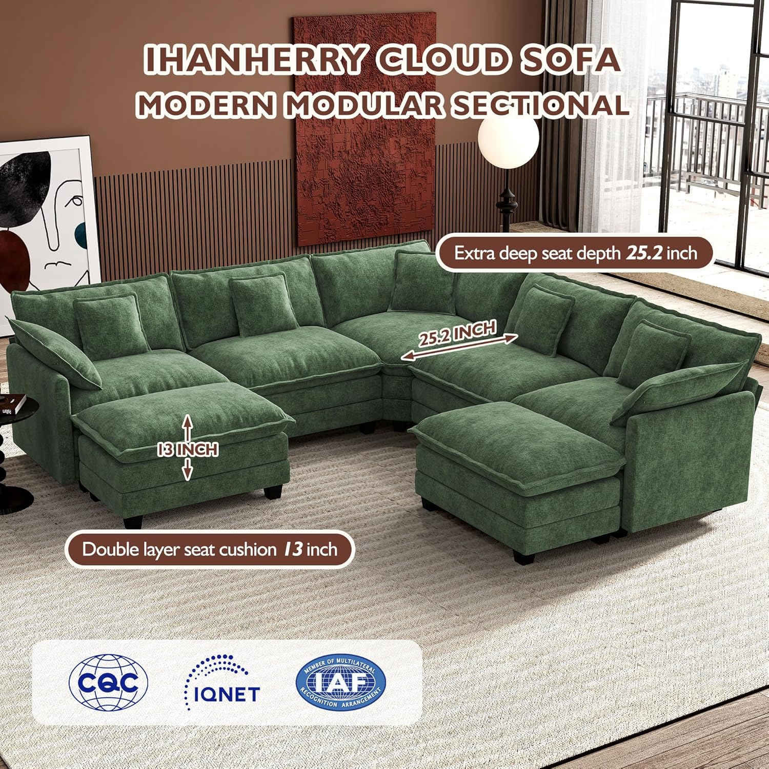 Ihanherry U Shaped Modular Cloud Sofa 5 Seat Chenille Sectional with Ottoman