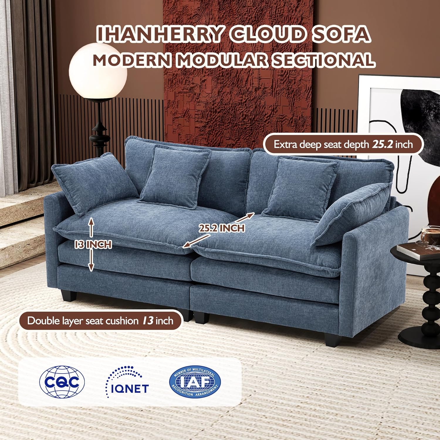 Ihanherry U Shaped Modular Cloud Sofa 5 Seat Chenille Sectional with Ottoman