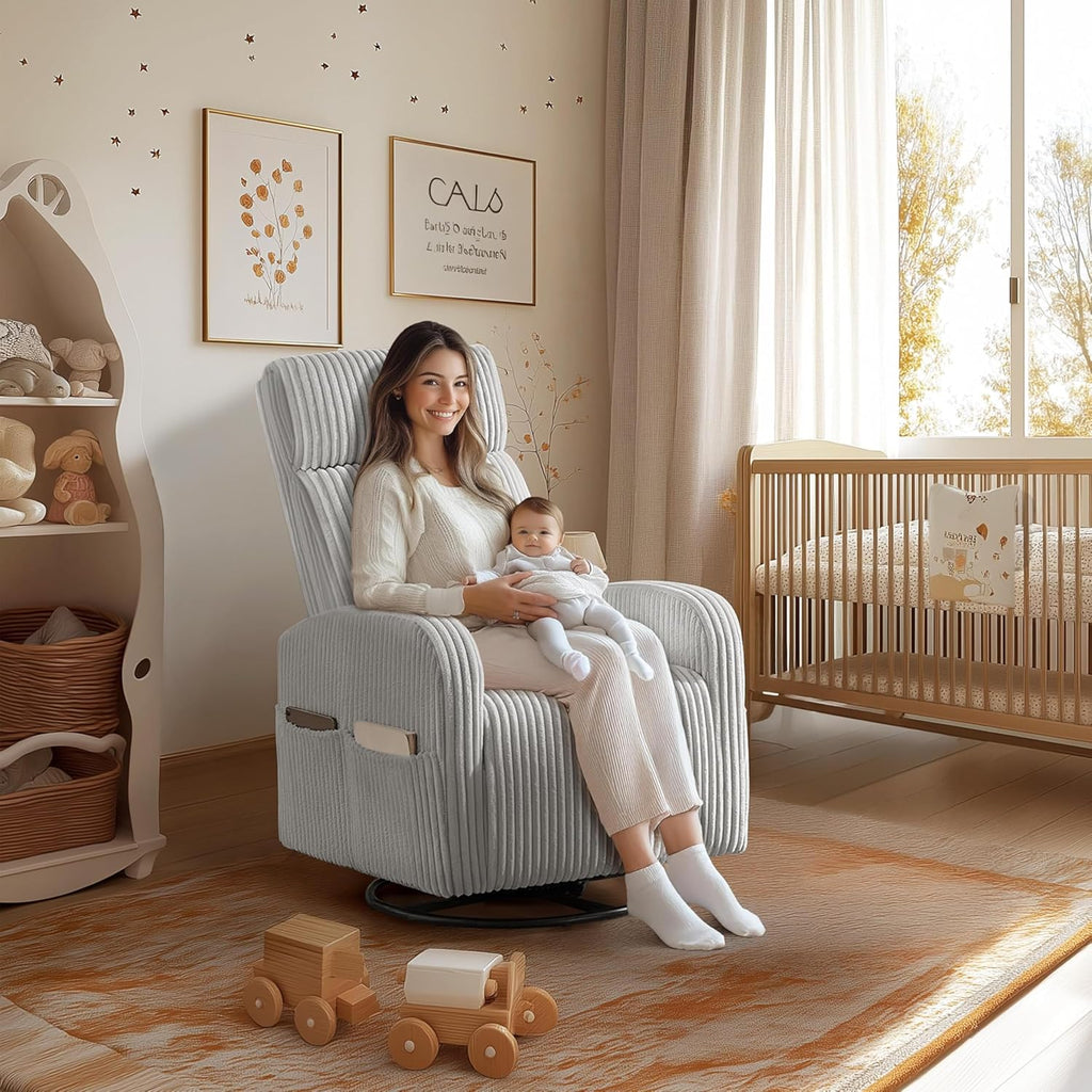 Yaheetech 360 Swivel Glider Chair Nursery Corduroy Rocking Nursing Chair with Pockets
