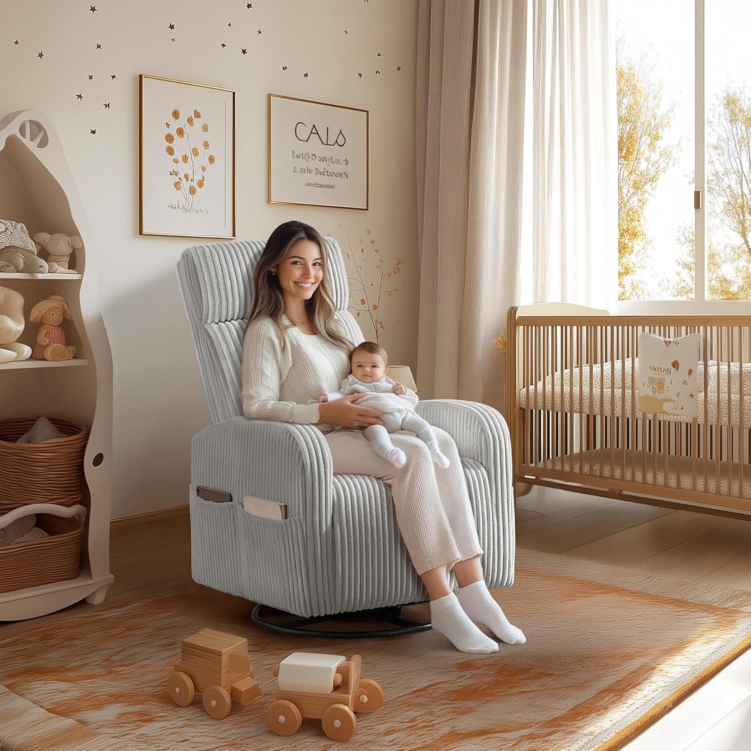 Yaheetech 360 Swivel Glider Chair Nursery Corduroy Rocking Nursing Chair with Pockets