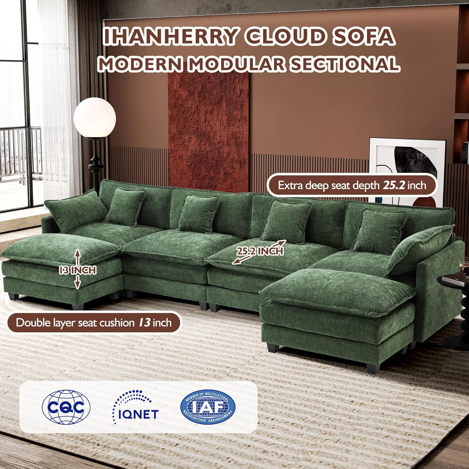 Ihanherry U Shaped Modular Cloud Sofa 5 Seat Chenille Sectional with Ottoman