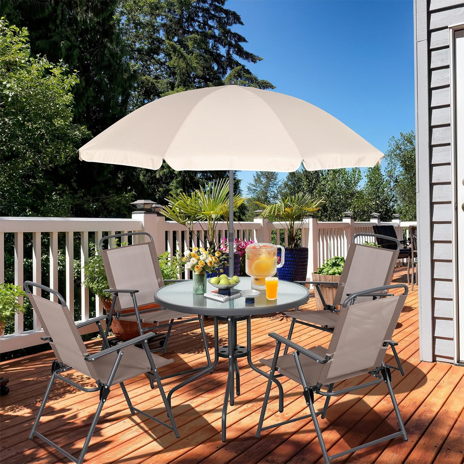 Vongrasig 6 Piece Folding Patio Dining Set Outdoor Table with 4 Chairs Umbrella