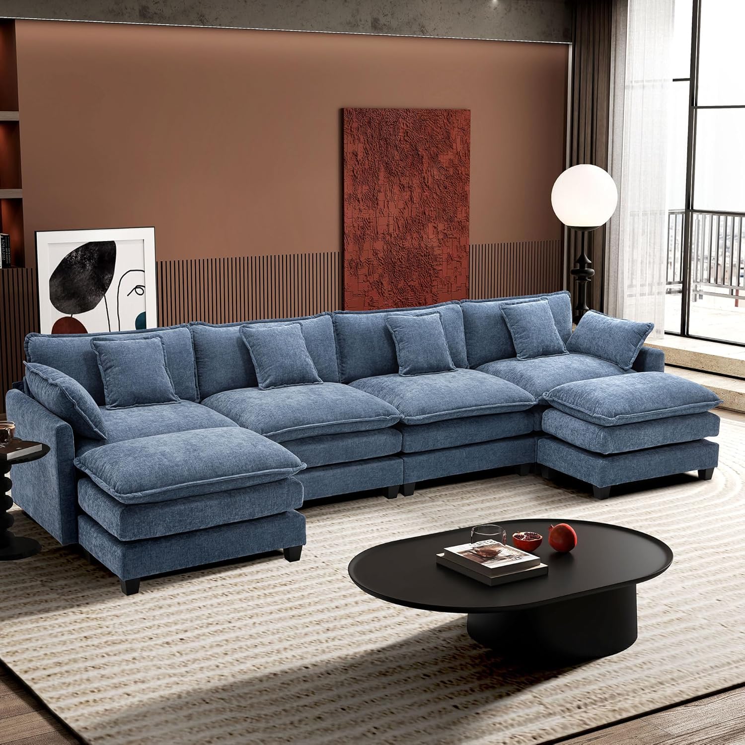Ihanherry U Shaped Modular Cloud Sofa 5 Seat Chenille Sectional with Ottoman