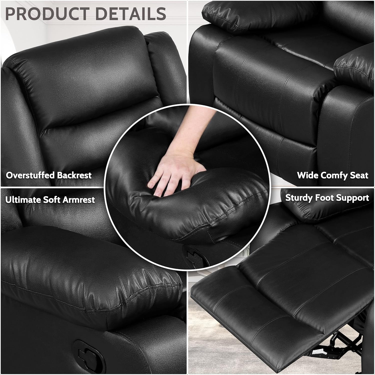 PrimeZone Oversized Rocker Recliner Chair Faux Leather Manual Reclining Brown