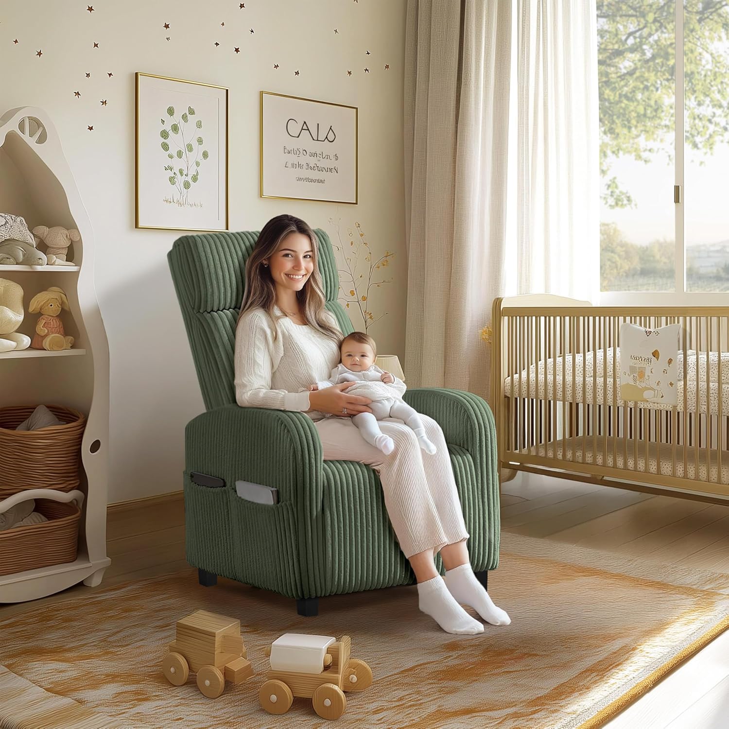 Yaheetech 360 Swivel Glider Chair Nursery Corduroy Rocking Nursing Chair with Pockets