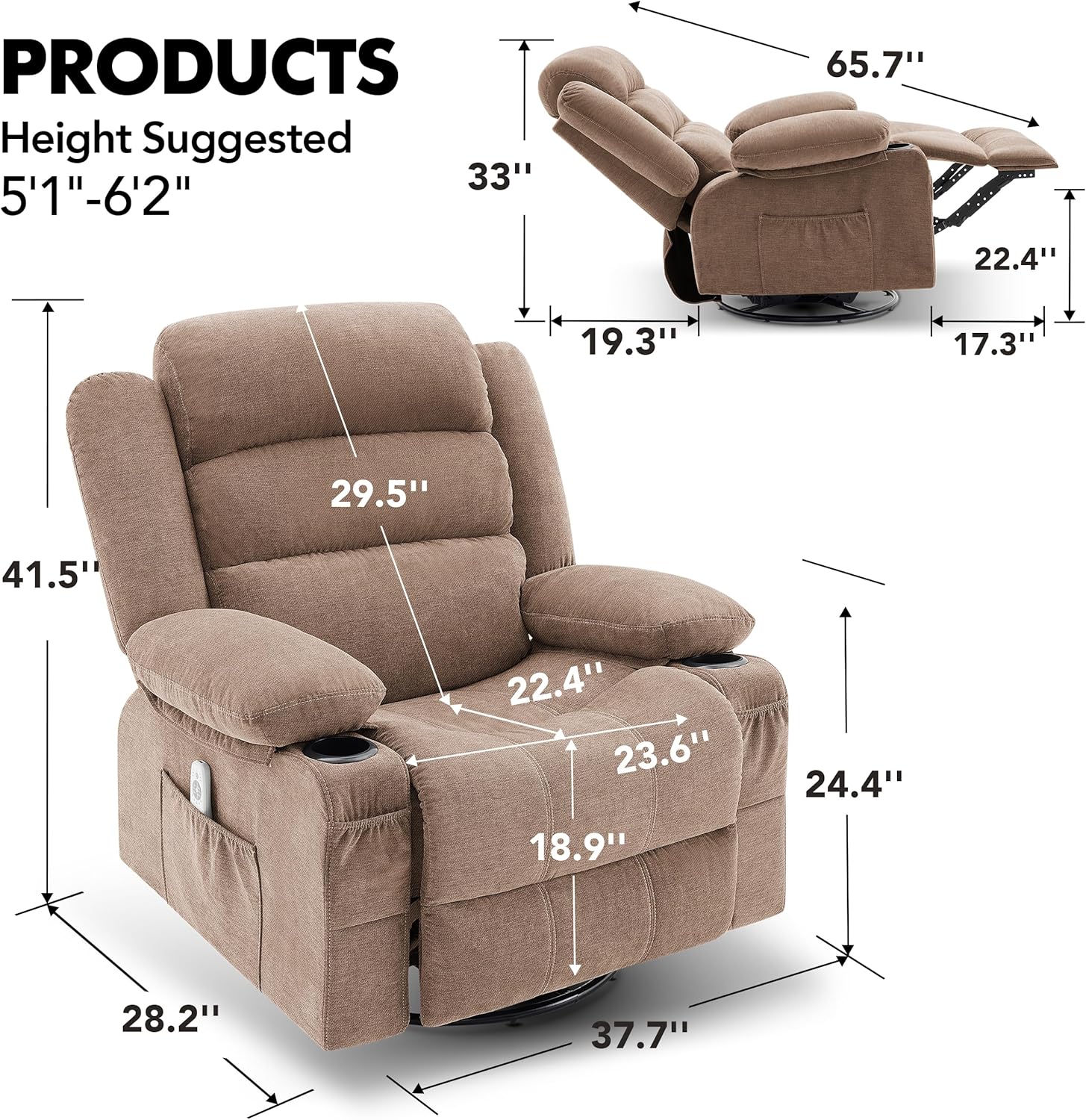 Huatean Home Rocker Recliner Chair Swivel Massage Heated Oversized Sofa Seat