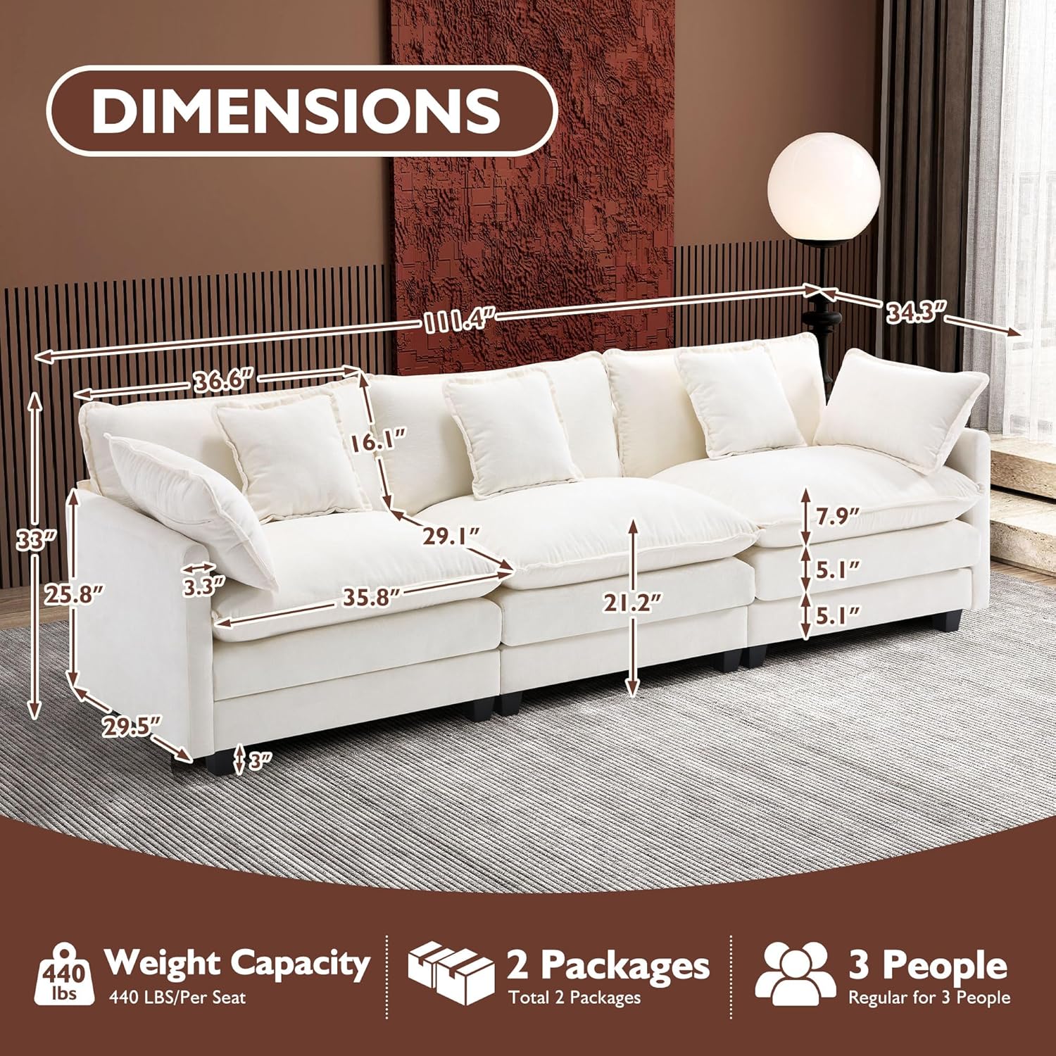 Ihanherry U Shaped Modular Cloud Sofa 5 Seat Chenille Sectional with Ottoman