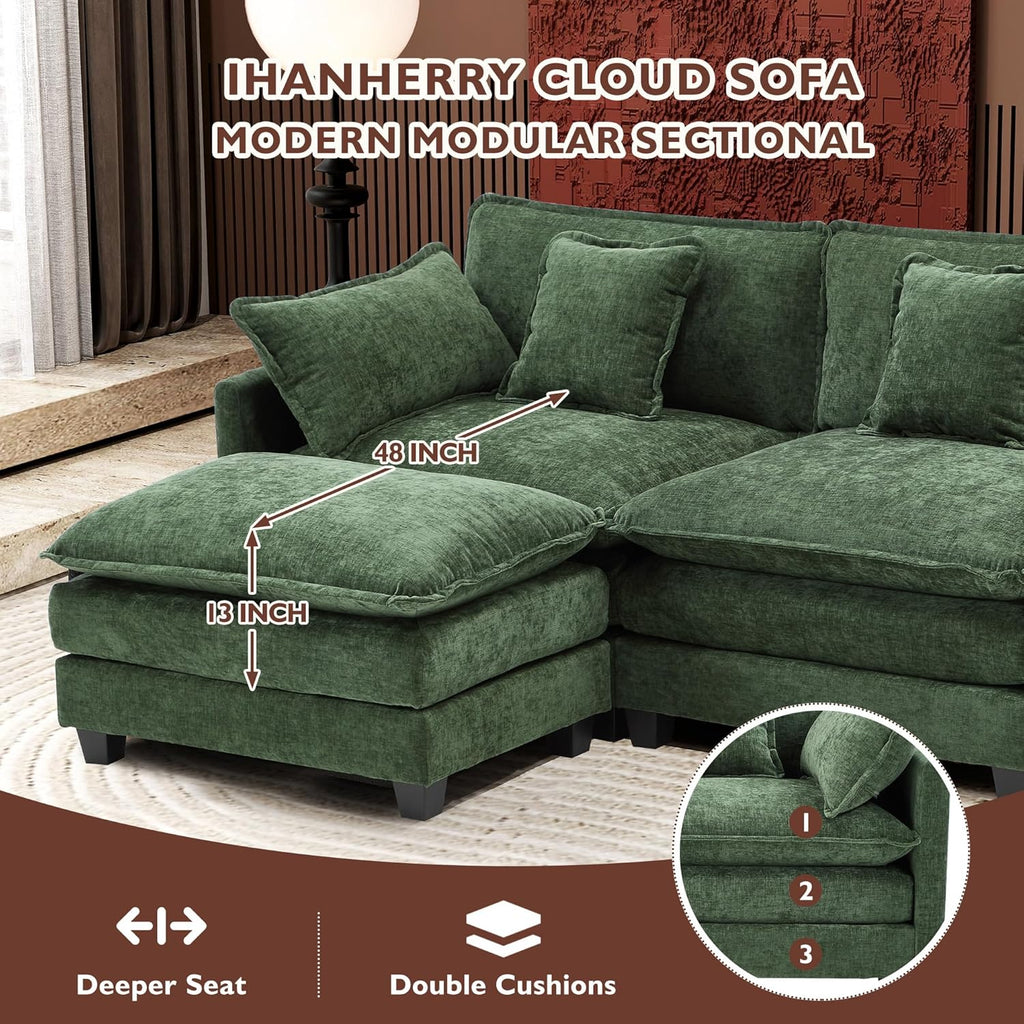 Ihanherry U Shaped Modular Cloud Sofa 5 Seat Chenille Sectional with Ottoman