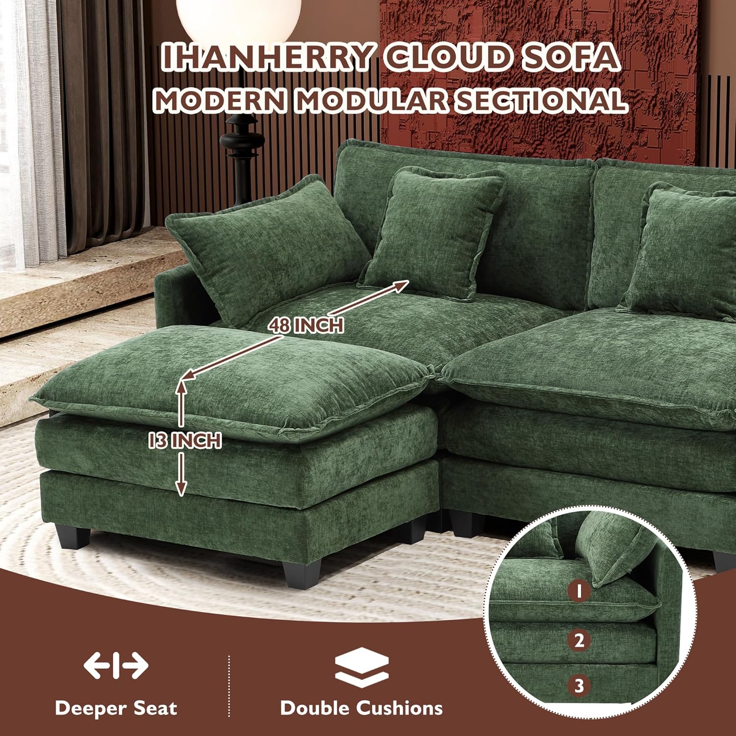 Ihanherry U Shaped Modular Cloud Sofa 5 Seat Chenille Sectional with Ottoman