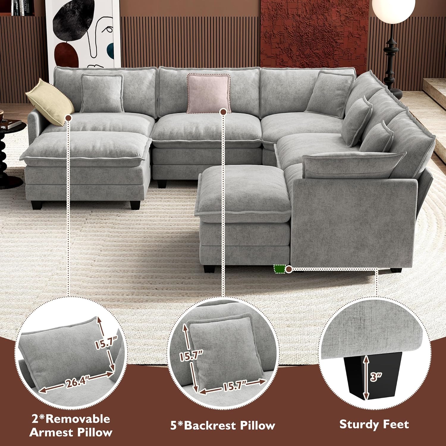 Ihanherry U Shaped Modular Sectional Sofa 5 Seat with 2 Ottomans Chenille