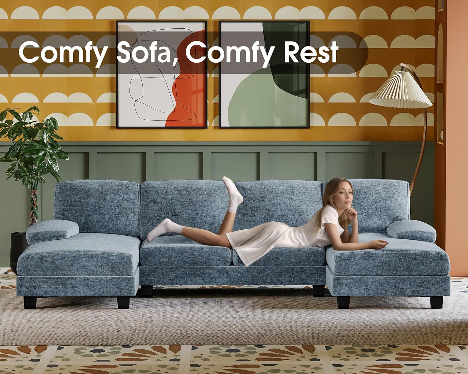Furmax U-Shaped Sectional Sofa Couch 4 Seat Linen Fabric Double Chaise