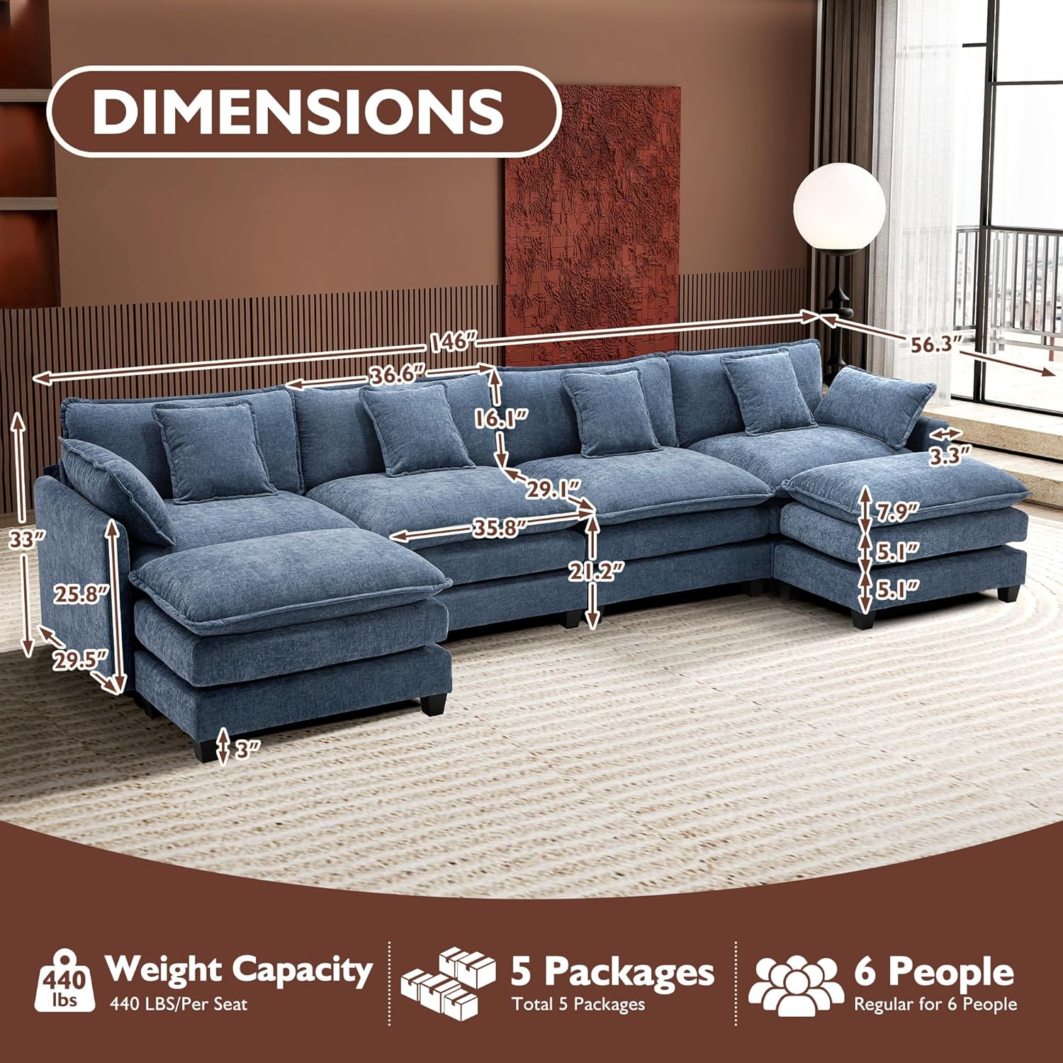 Ihanherry U Shaped Modular Cloud Sofa 5 Seat Chenille Sectional with Ottoman