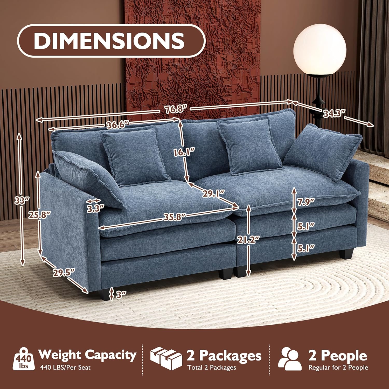 Ihanherry U Shaped Modular Cloud Sofa 5 Seat Chenille Sectional with Ottoman