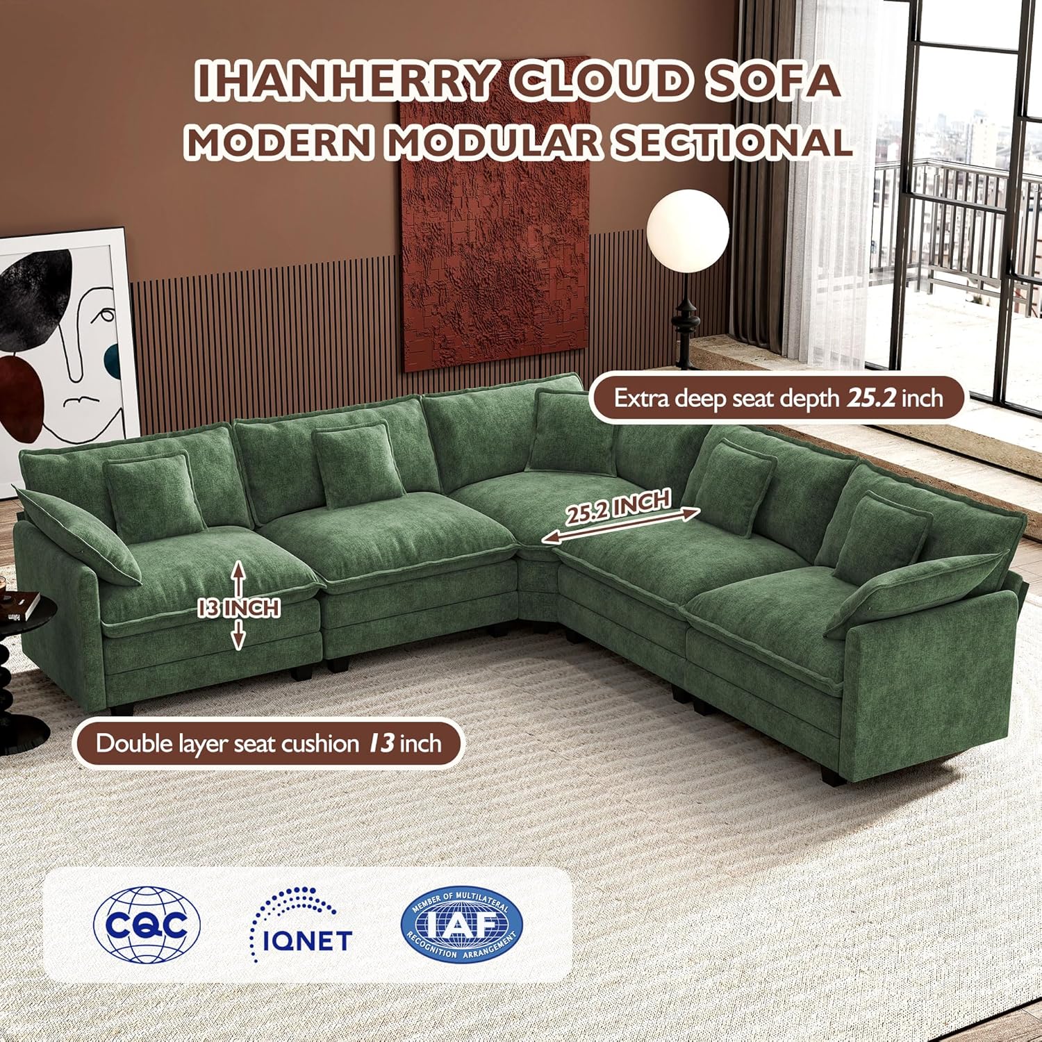 Ihanherry U Shaped Modular Cloud Sofa 5 Seat Chenille Sectional with Ottoman