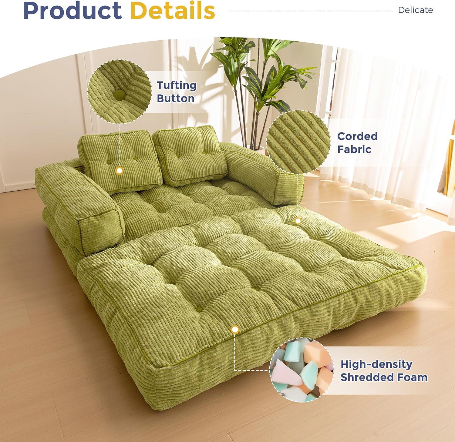 MAXYOYO L Shaped Folding Sofa Bed Convertible Sleeper with Pillow Armrest