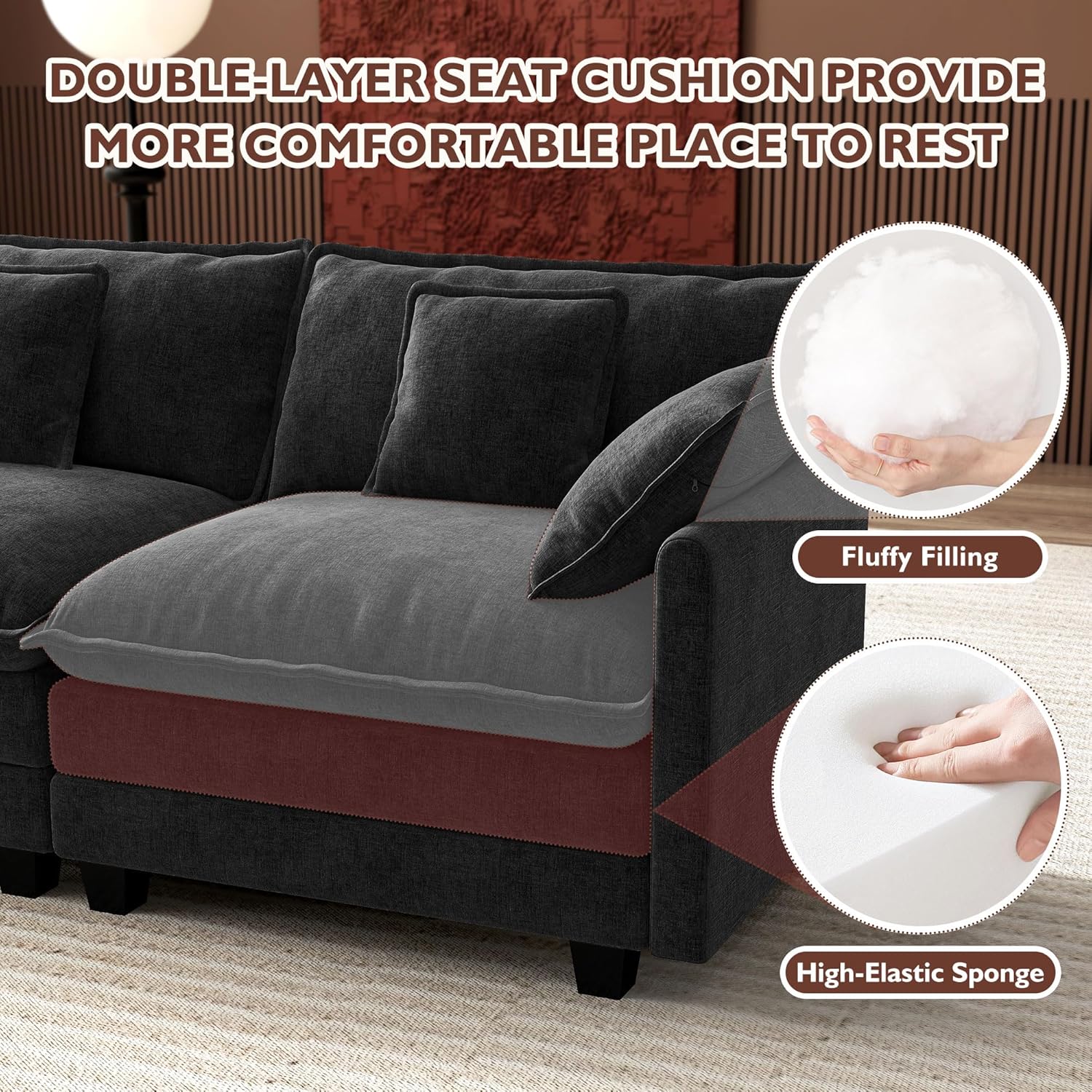 Ihanherry U Shaped Modular Cloud Sofa 5 Seat Chenille Sectional with Ottoman