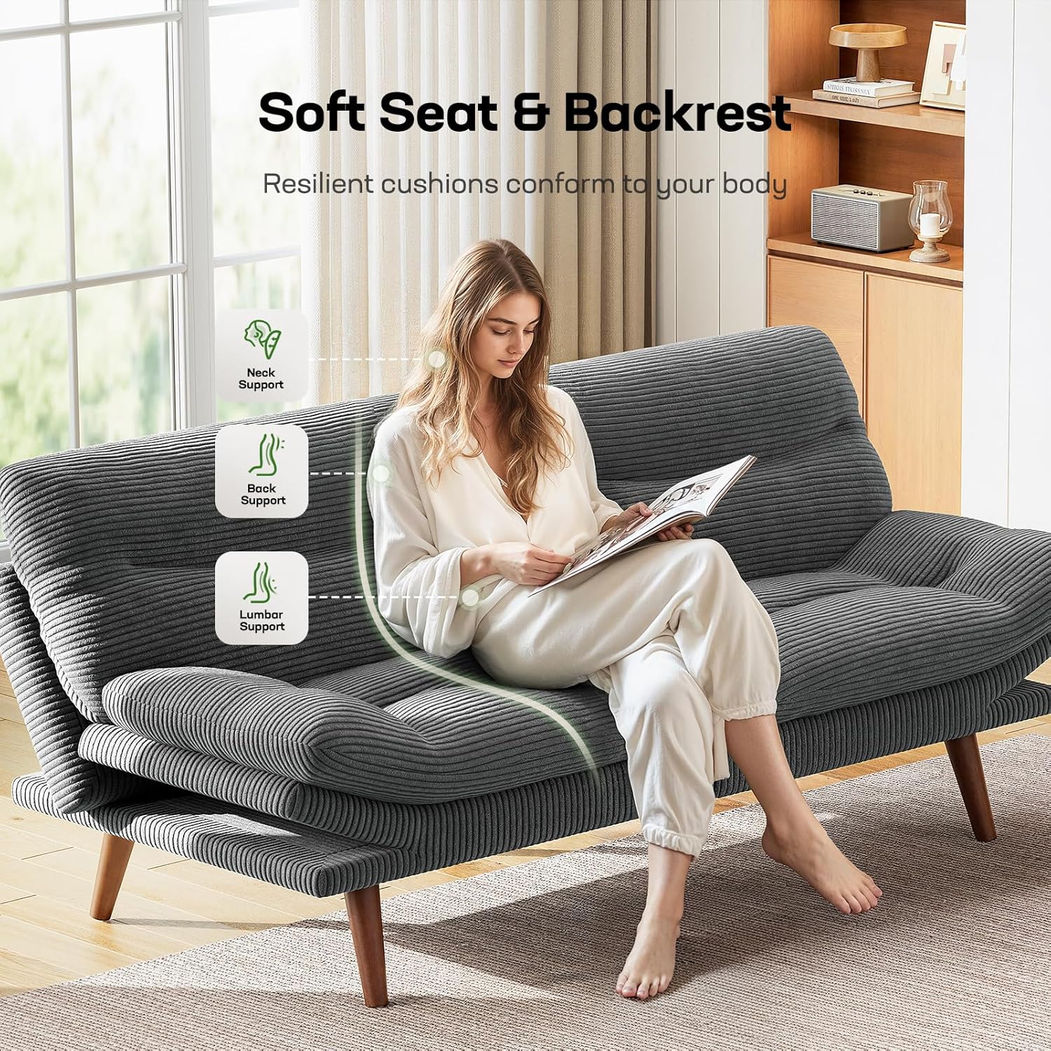 Marsail Futon Sofa Bed Convertible Corduroy Loveseat with Adjustable Backrest