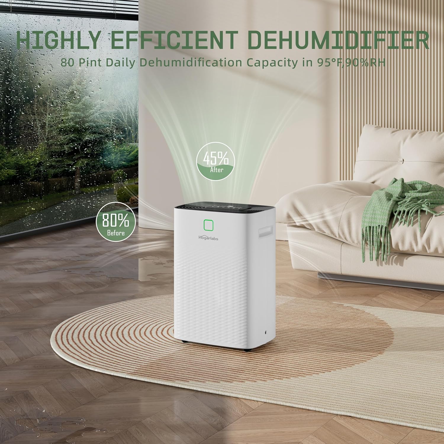 HOGARLABS 34 Pint Dehumidifier for Home Basement Ultra Silent Auto Shut Off Humidity Control