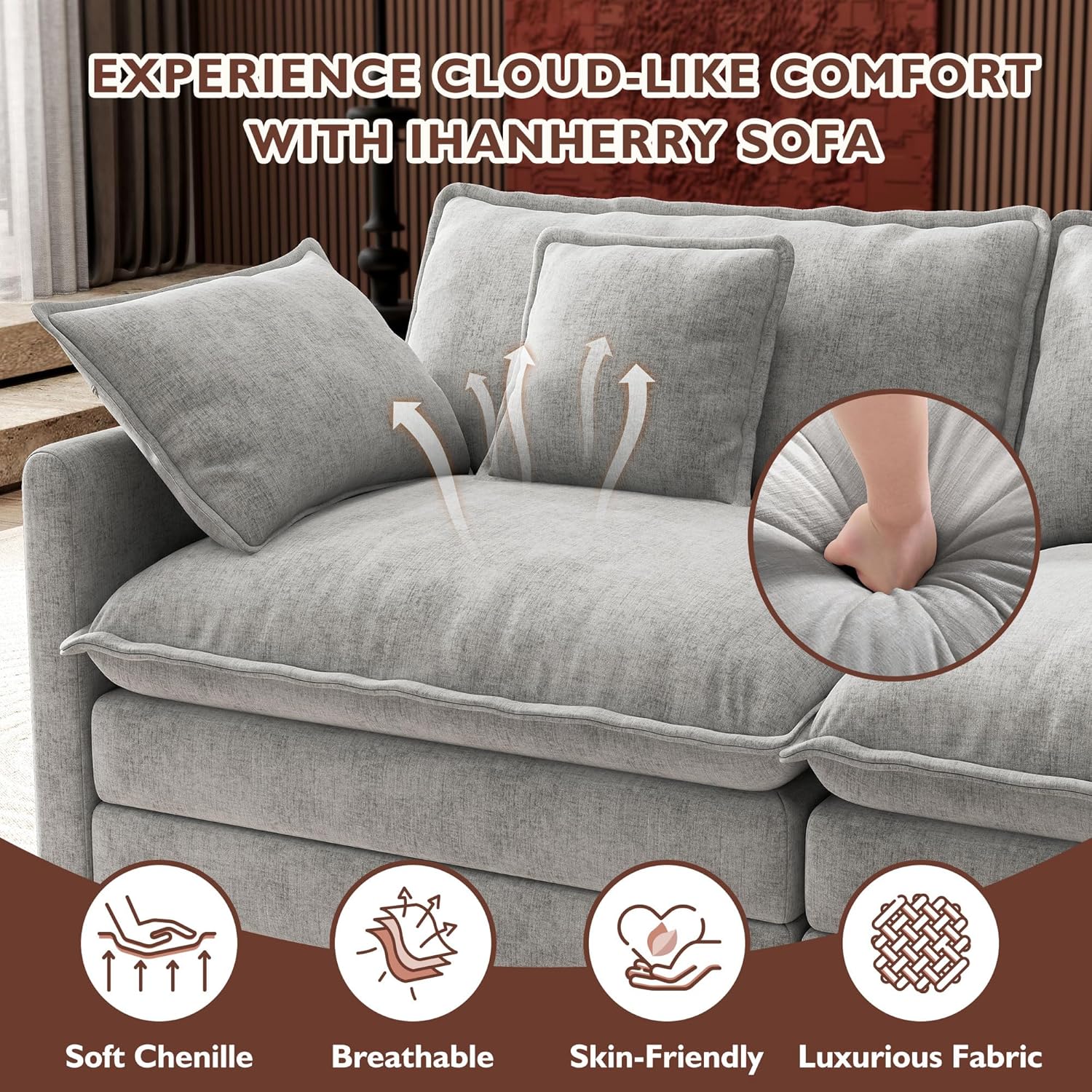 Ihanherry U Shaped Modular Cloud Sofa 5 Seat Chenille Sectional with Ottoman
