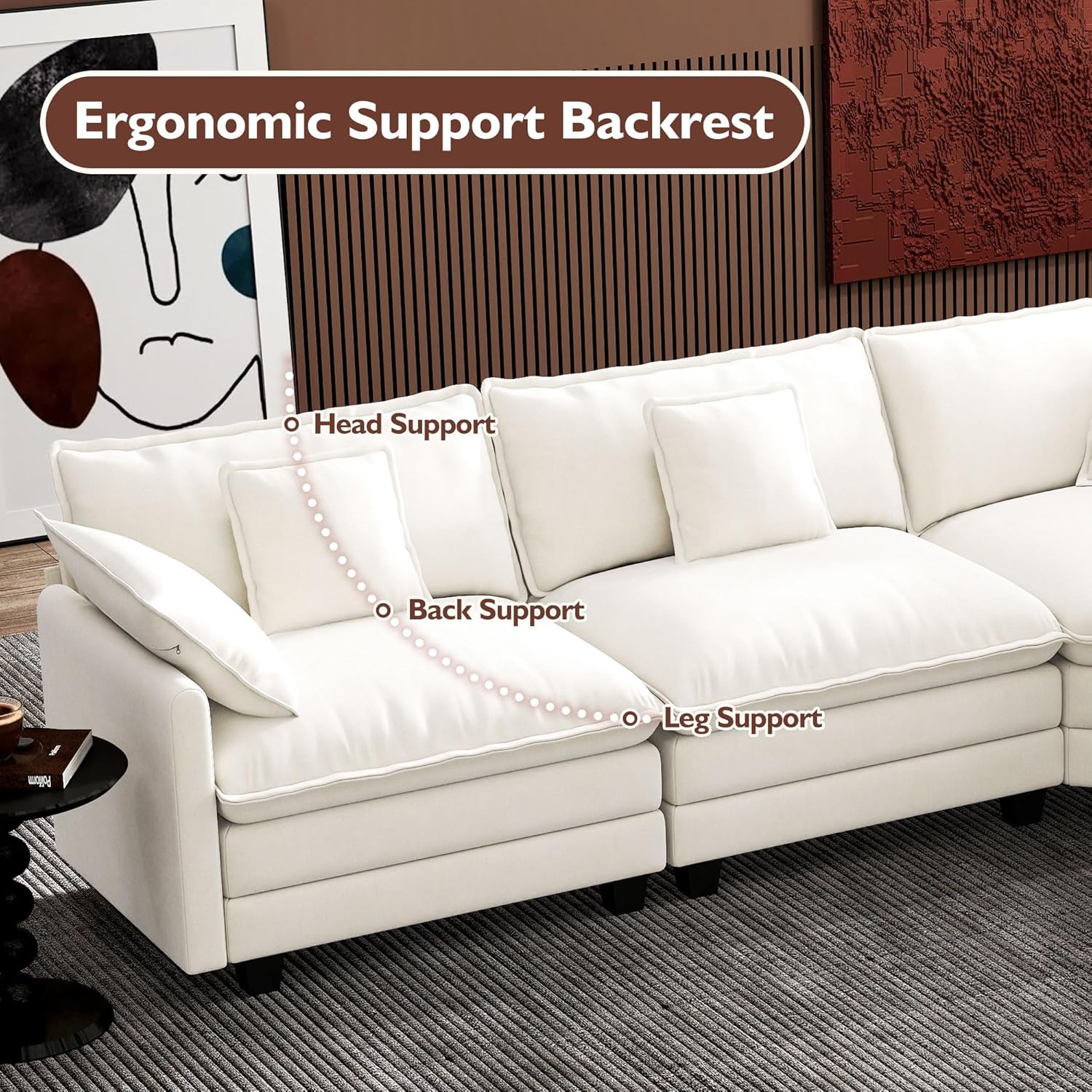 Ihanherry U Shaped Modular Cloud Sofa 5 Seat Chenille Sectional with Ottoman