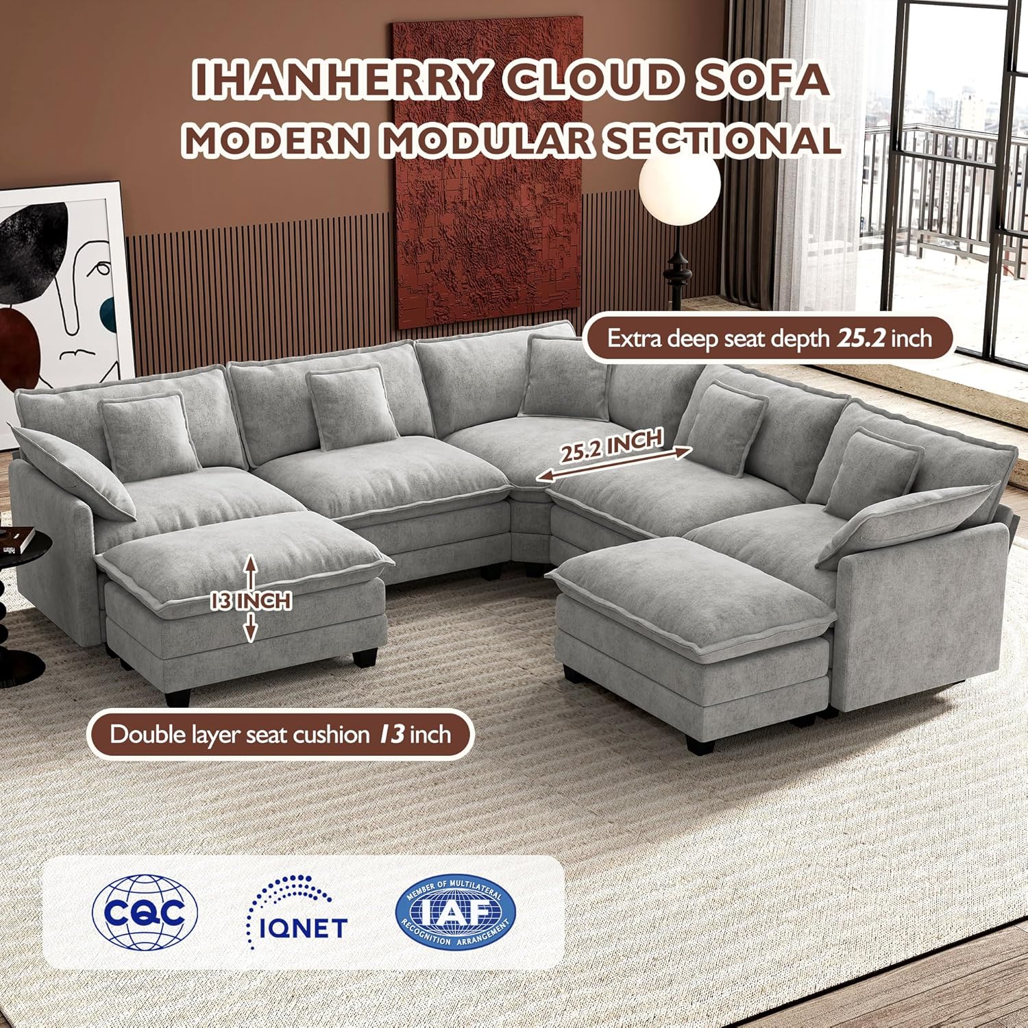 Ihanherry U Shaped Modular Cloud Sofa 5 Seat Chenille Sectional with Ottoman