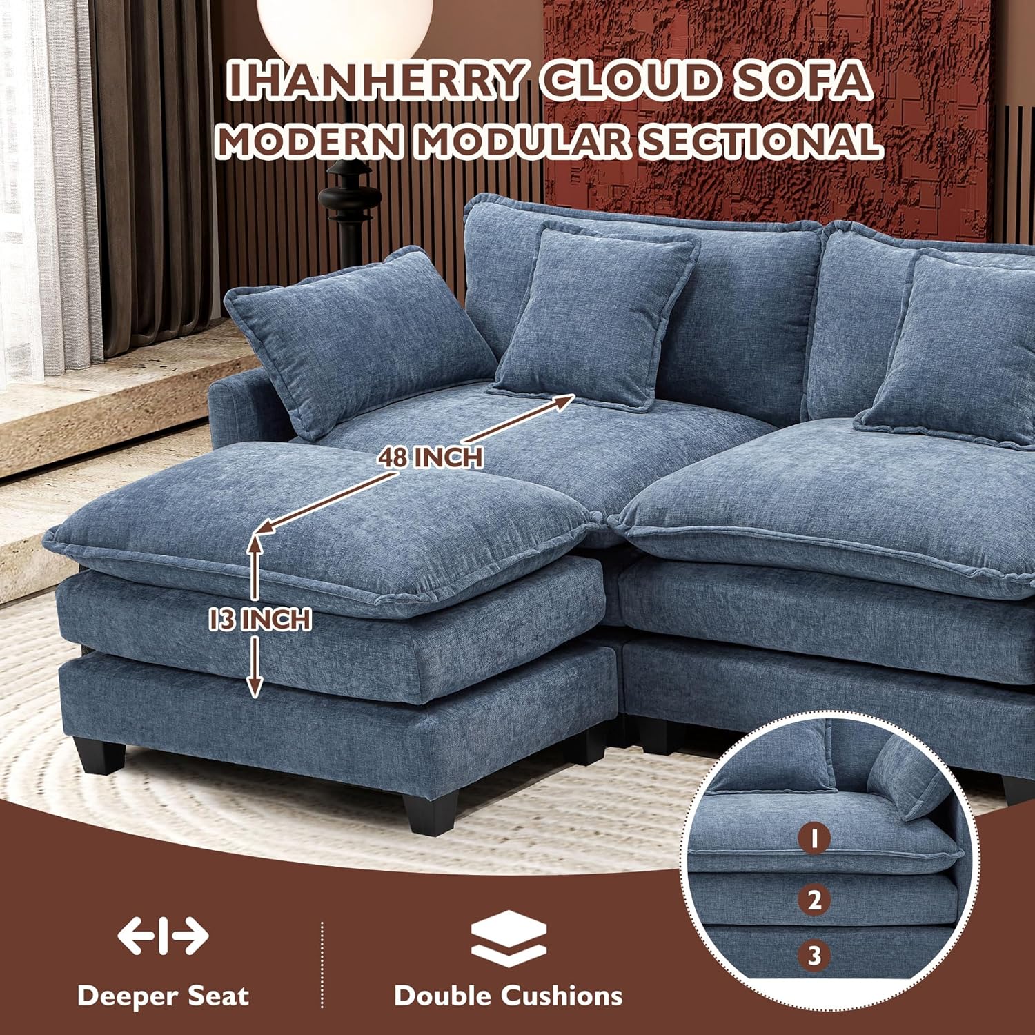 Ihanherry U Shaped Modular Cloud Sofa 5 Seat Chenille Sectional with Ottoman