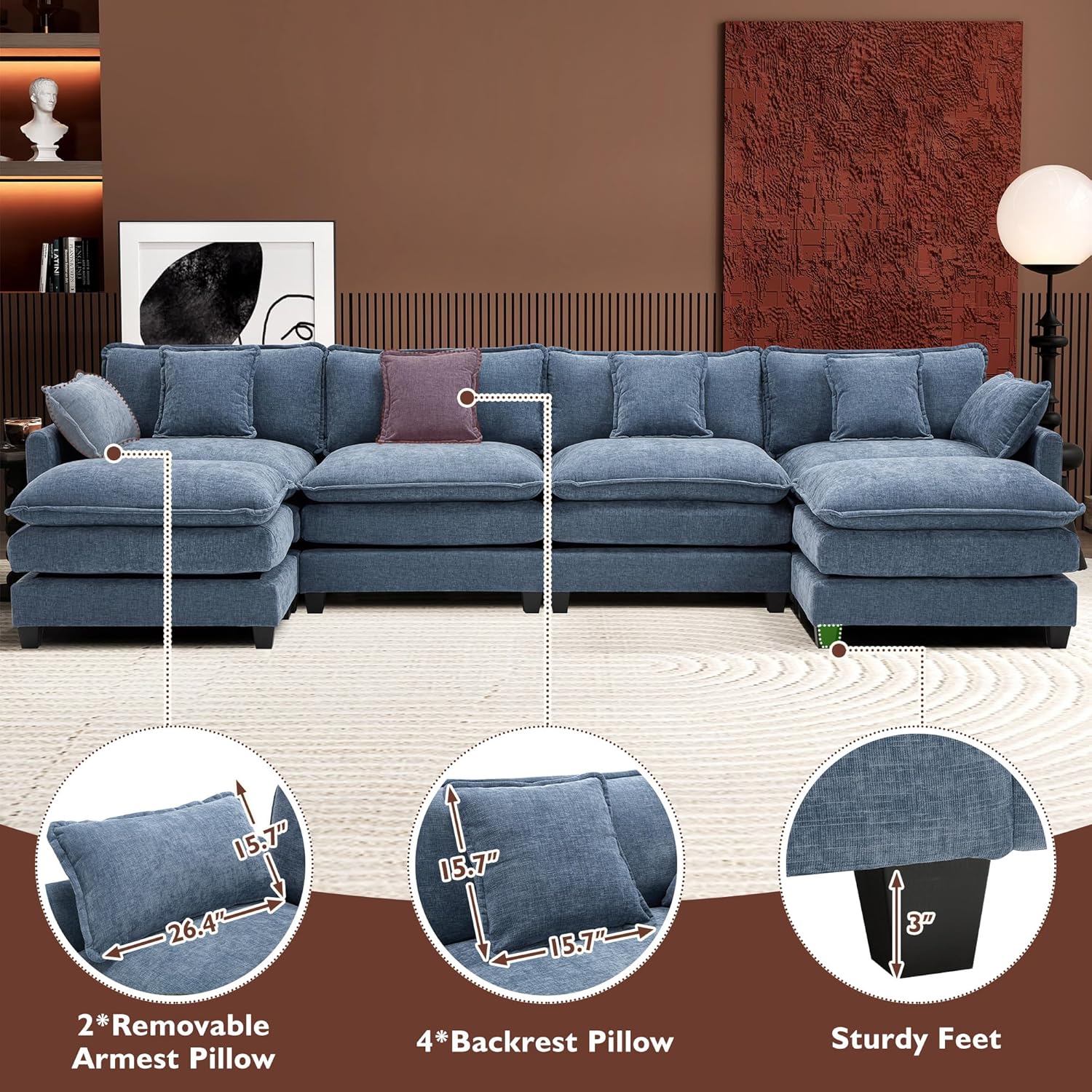 Ihanherry U Shaped Modular Cloud Sofa 5 Seat Chenille Sectional with Ottoman