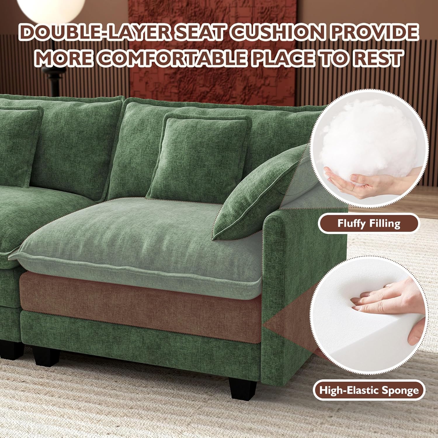 Ihanherry U Shaped Modular Cloud Sofa 5 Seat Chenille Sectional with Ottoman