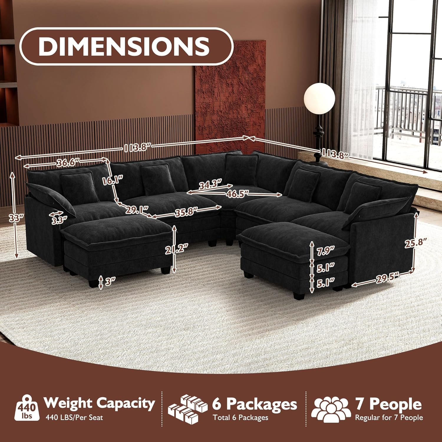 Ihanherry U Shaped Modular Cloud Sofa 5 Seat Chenille Sectional with Ottoman