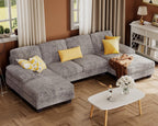 Furmax U-Shaped Sectional Sofa Couch 4 Seat Linen Fabric Double Chaise