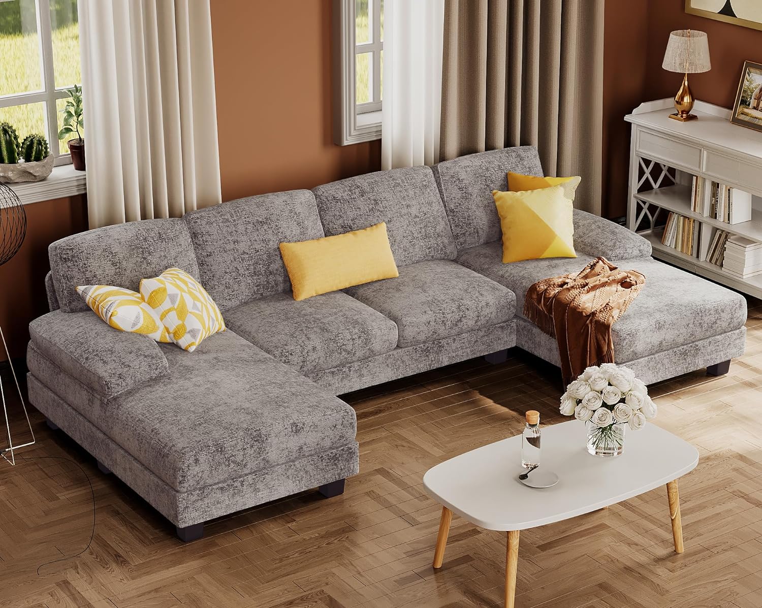 Furmax U-Shaped Sectional Sofa Couch 4 Seat Linen Fabric Double Chaise
