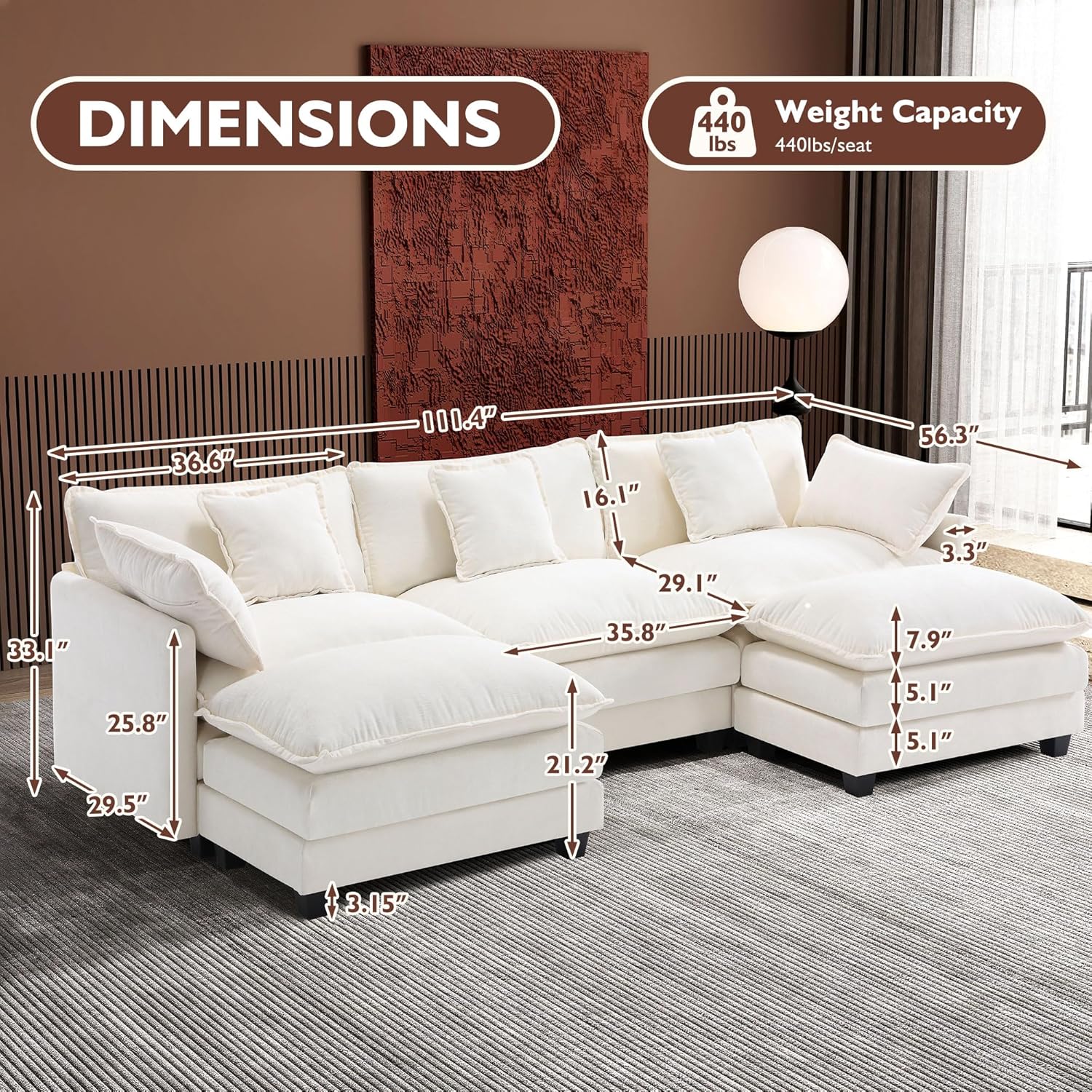 Ihanherry U Shaped Modular Cloud Sofa 5 Seat Chenille Sectional with Ottoman