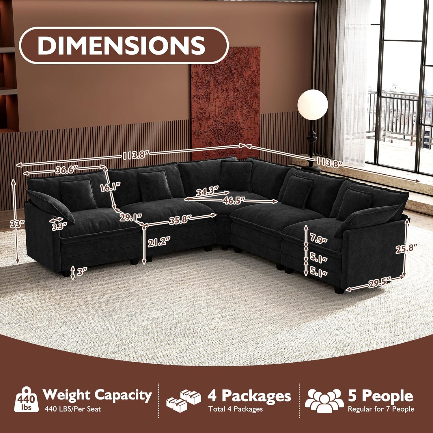 Ihanherry U Shaped Modular Cloud Sofa 5 Seat Chenille Sectional with Ottoman