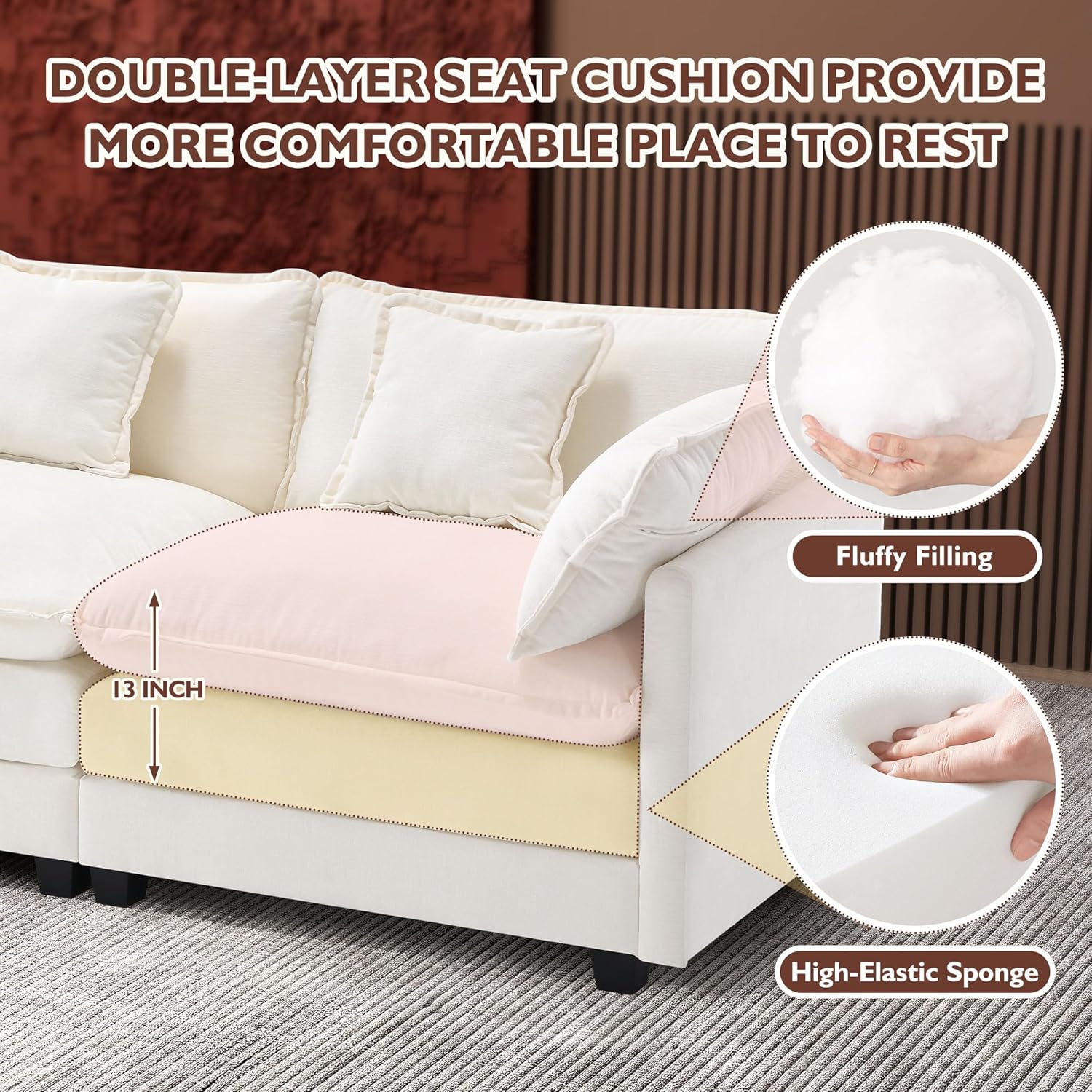 Ihanherry U Shaped Modular Cloud Sofa 5 Seat Chenille Sectional with Ottoman