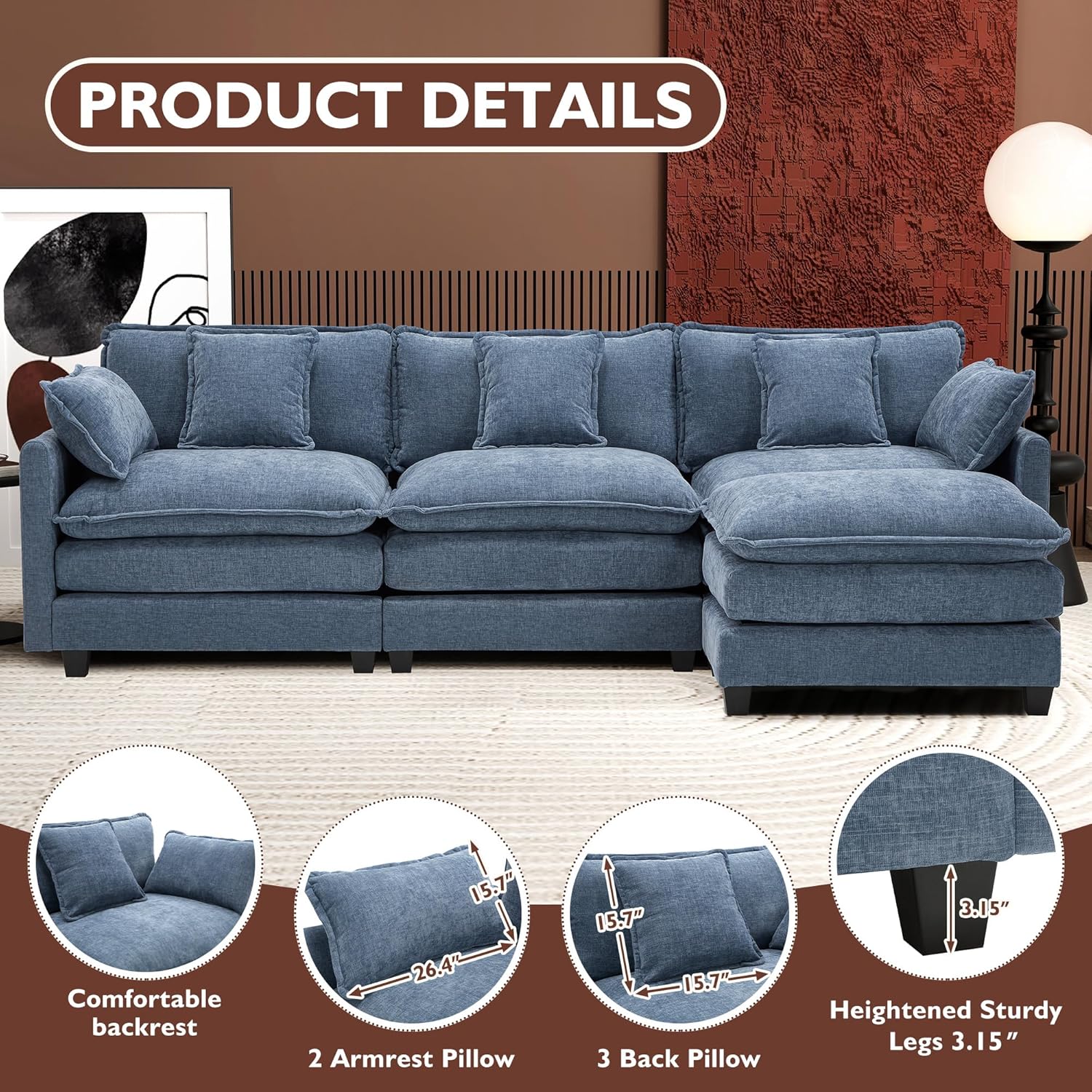 Ihanherry U Shaped Modular Cloud Sofa 5 Seat Chenille Sectional with Ottoman