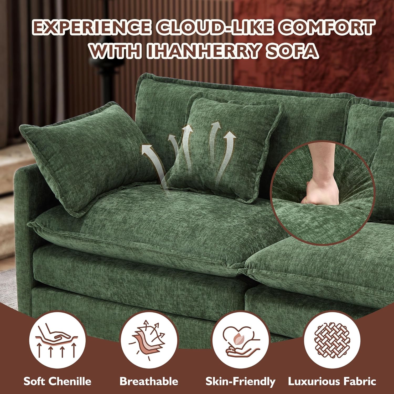 Ihanherry U Shaped Modular Cloud Sofa 5 Seat Chenille Sectional with Ottoman