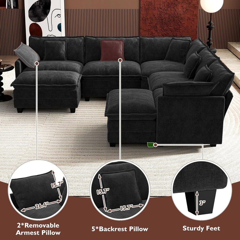 Ihanherry U Shaped Modular Cloud Sofa 5 Seat Chenille Sectional with Ottoman