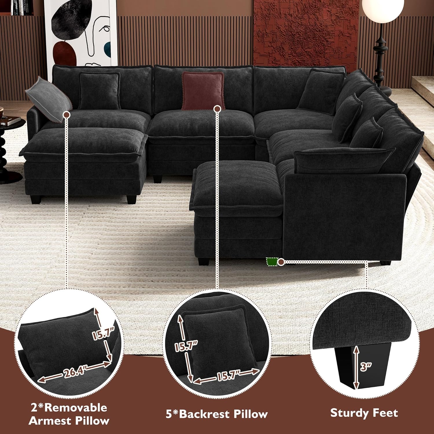 Ihanherry U Shaped Modular Cloud Sofa 5 Seat Chenille Sectional with Ottoman