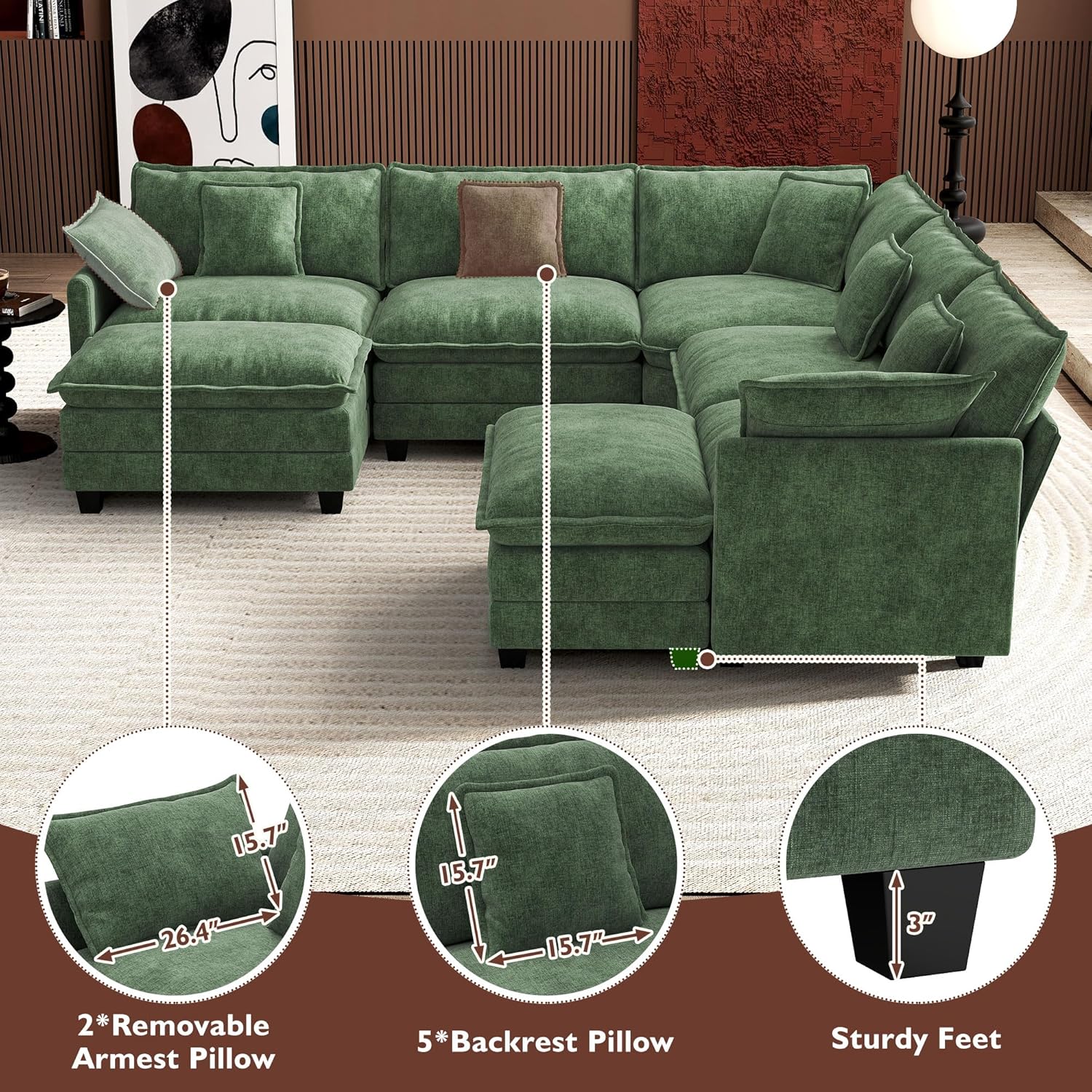Ihanherry U Shaped Modular Sectional Sofa 5 Seat with 2 Ottomans Chenille