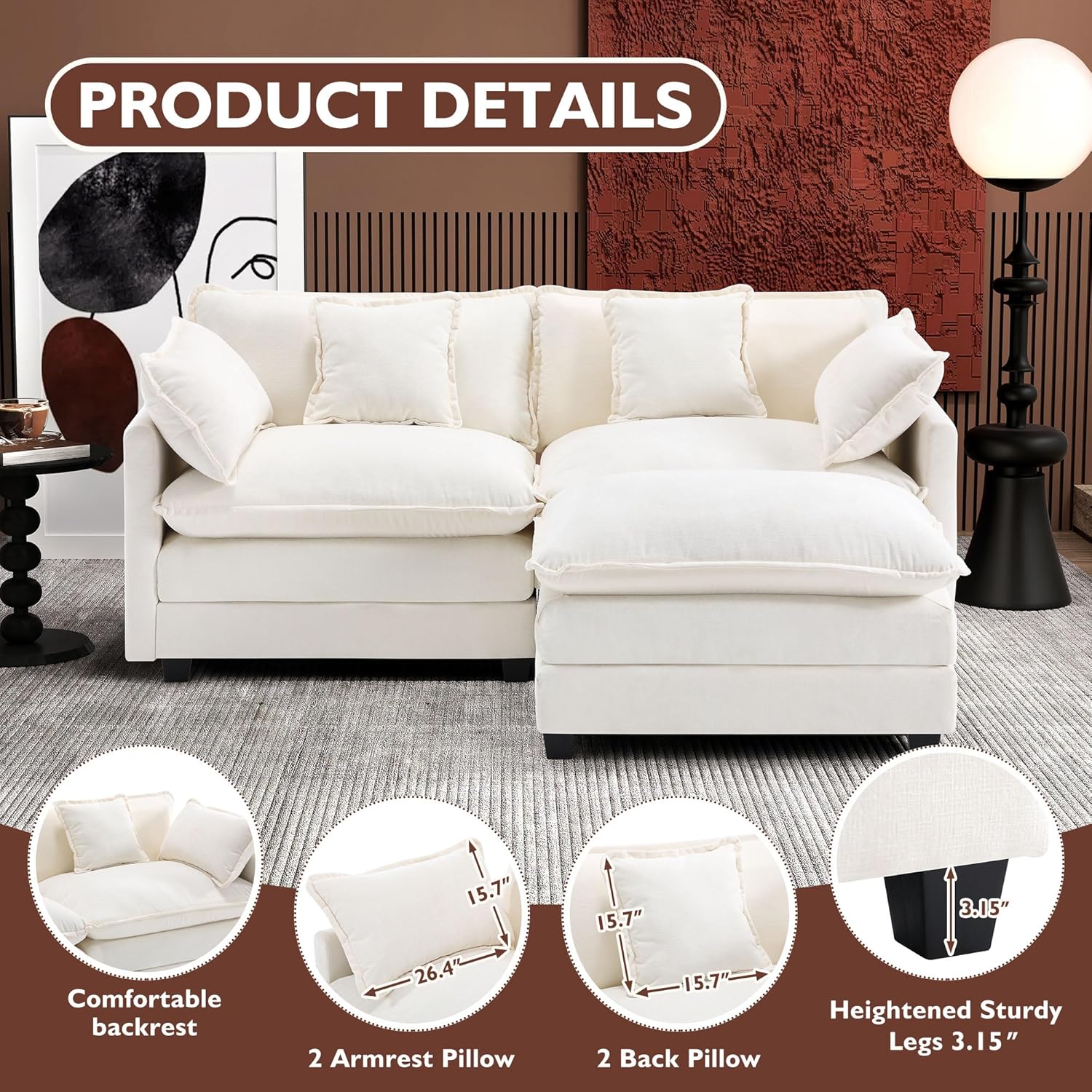 Ihanherry U Shaped Modular Cloud Sofa 5 Seat Chenille Sectional with Ottoman