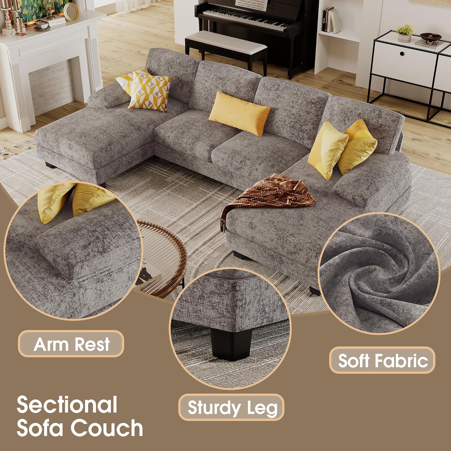 Furmax U-Shaped Sectional Sofa Couch 4 Seat Linen Fabric Double Chaise