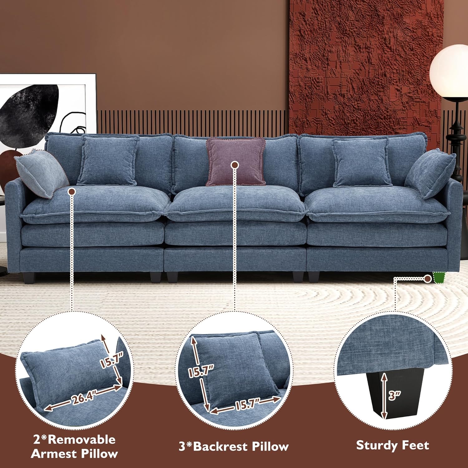 Ihanherry U Shaped Modular Cloud Sofa 5 Seat Chenille Sectional with Ottoman