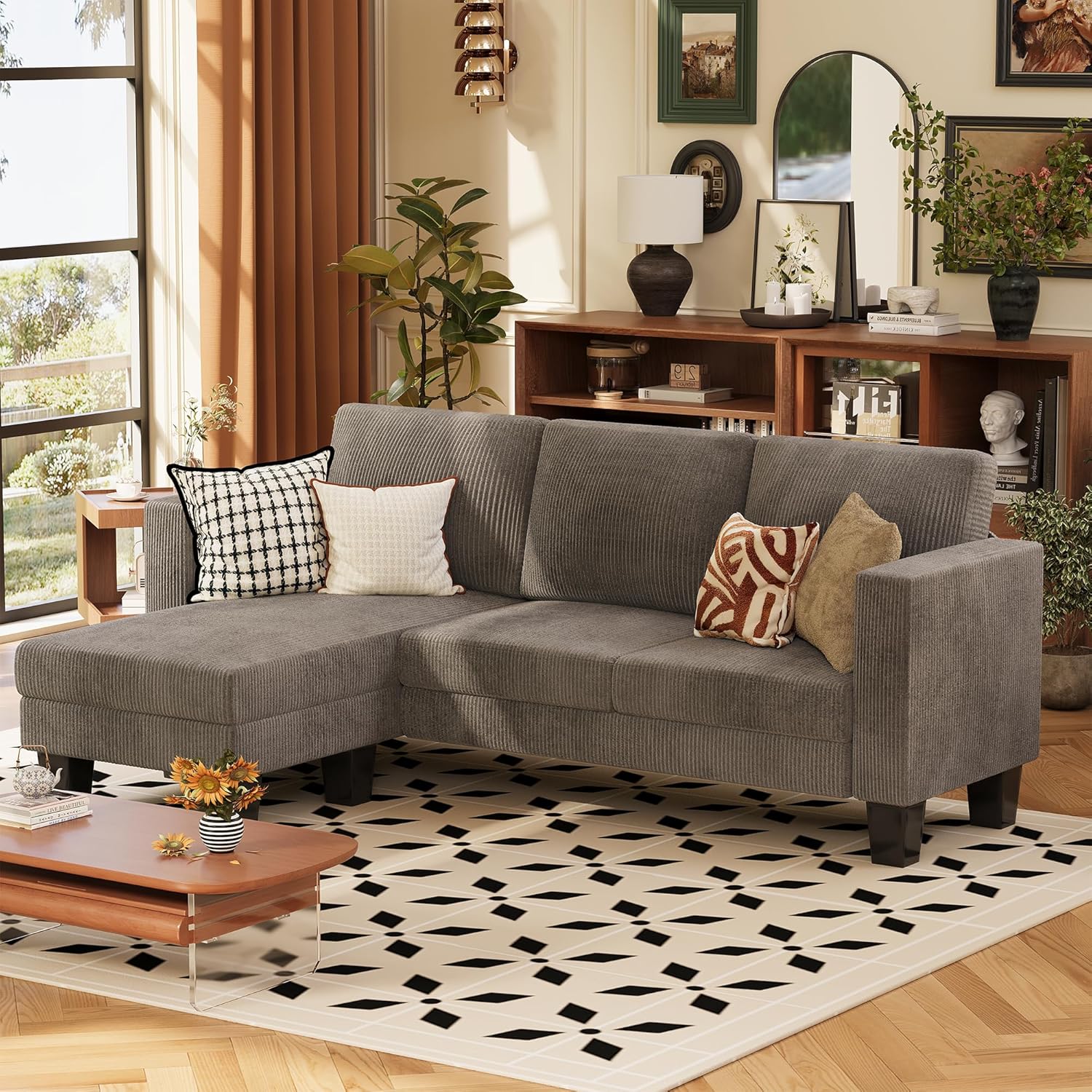 VICTONE Convertible L Shaped Sectional Sofa Couch 3 Seat with Ottoman