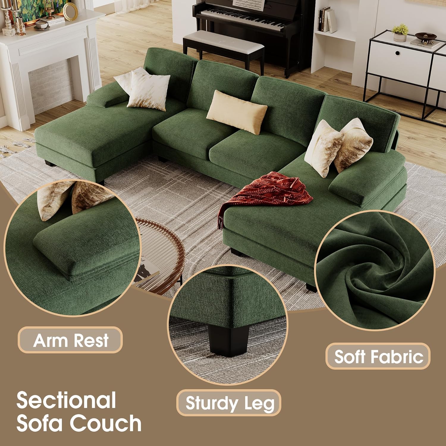 Furmax U-Shaped Sectional Sofa Couch 4 Seat Linen Fabric Double Chaise