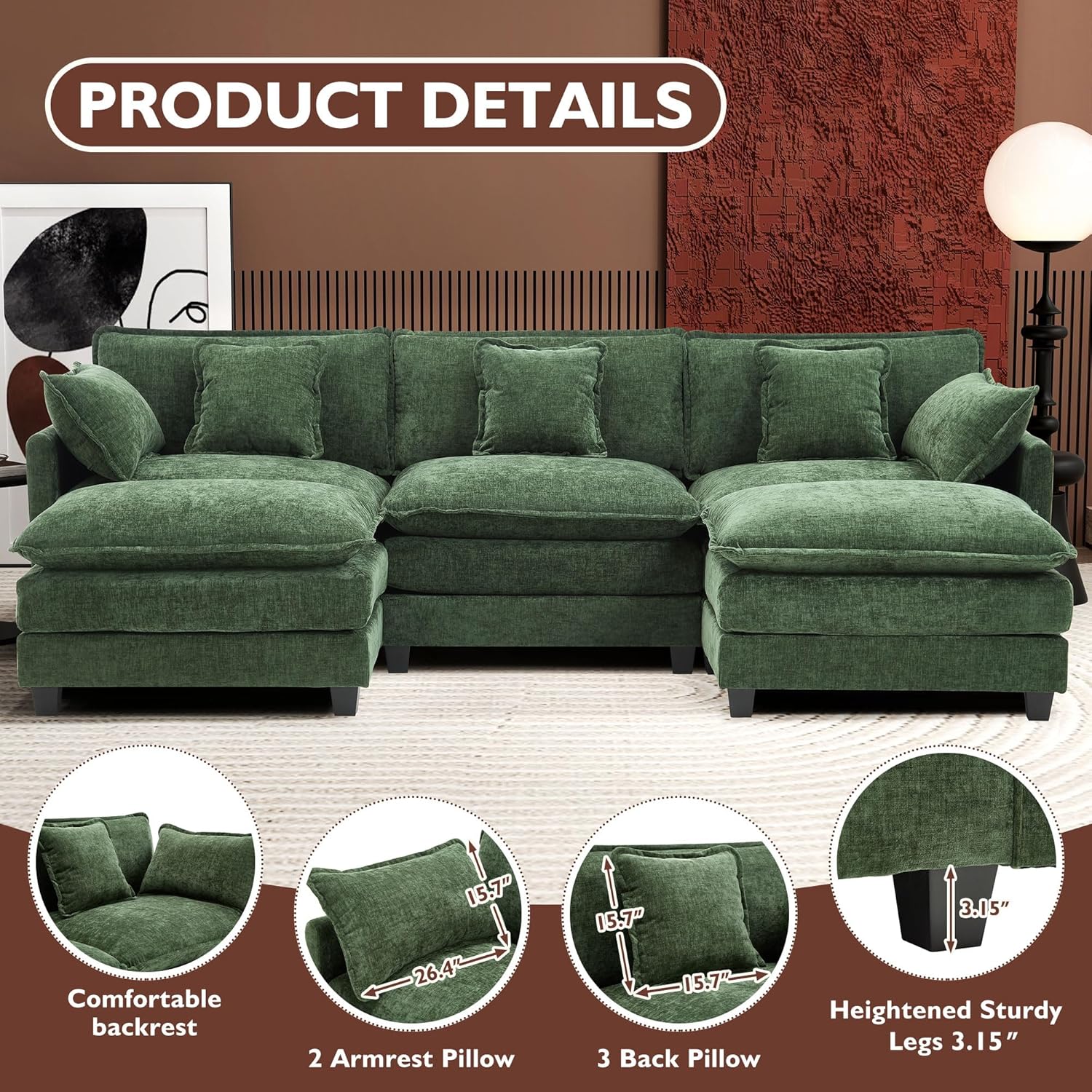 Ihanherry U Shaped Modular Cloud Sofa 5 Seat Chenille Sectional with Ottoman