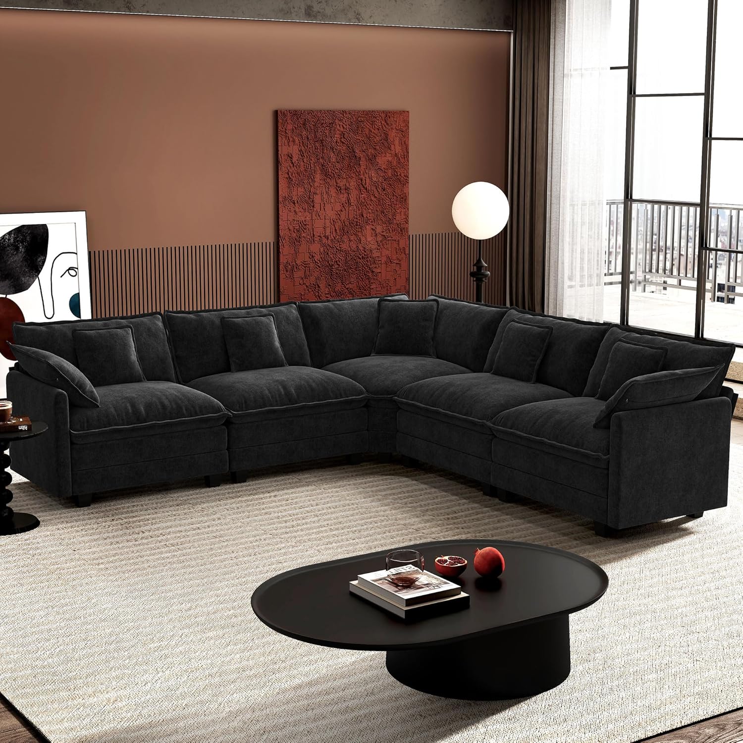 Ihanherry U Shaped Modular Cloud Sofa 5 Seat Chenille Sectional with Ottoman