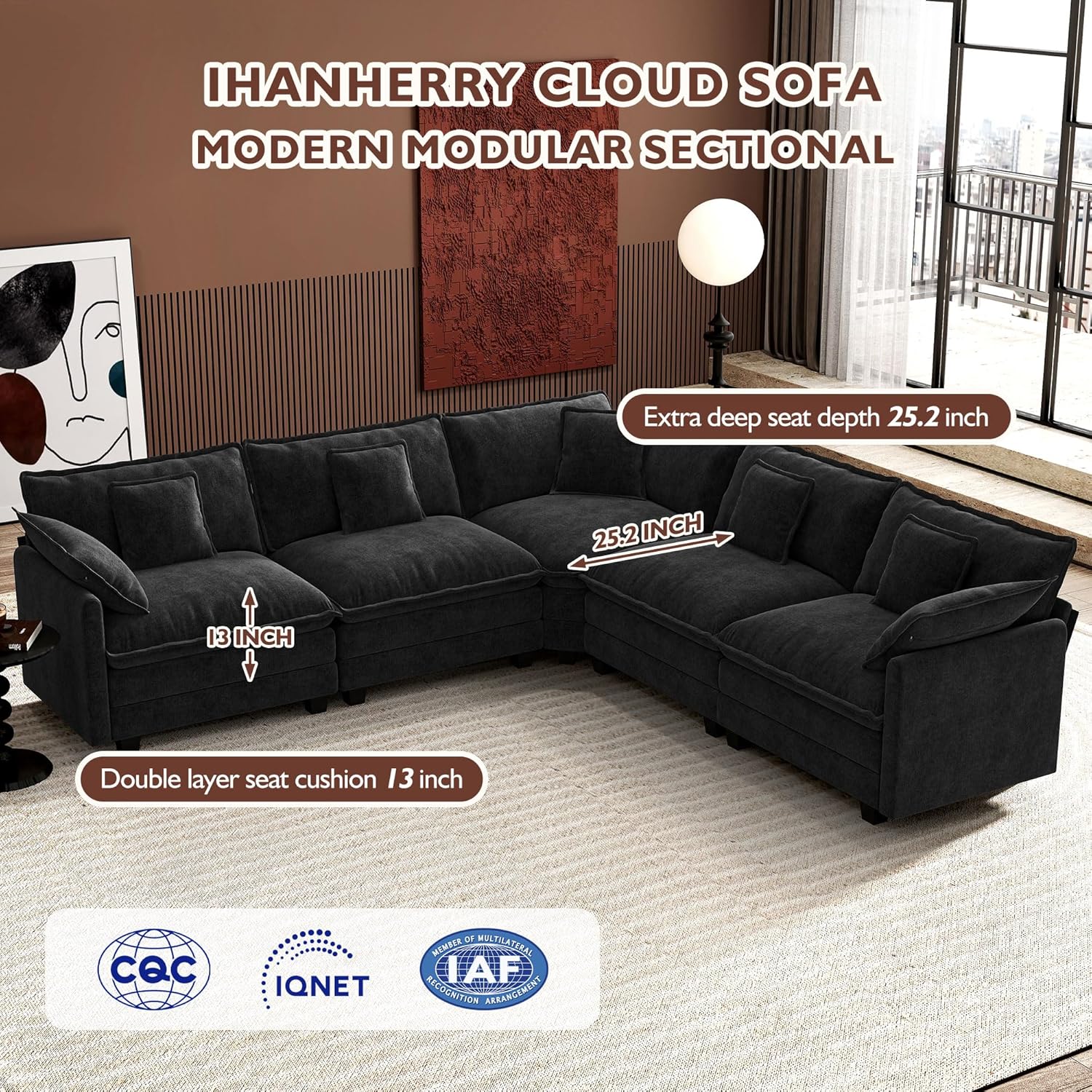 Ihanherry U Shaped Modular Cloud Sofa 5 Seat Chenille Sectional with Ottoman