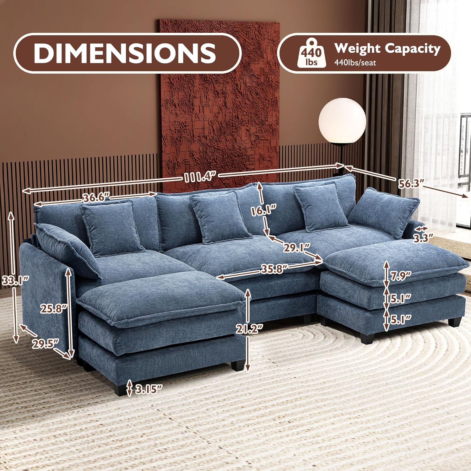 Ihanherry U Shaped Modular Cloud Sofa 5 Seat Chenille Sectional with Ottoman